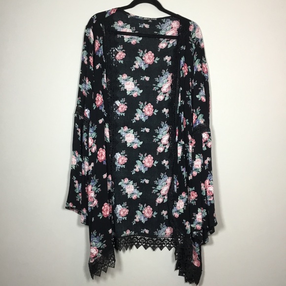 Bell sleeve roses pattern embroidery black cover up duster boho hippie floaty 2X - Picture 1 of 9